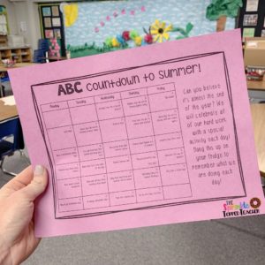 The ABC countdown to summer is one of my favorite activities to review the alphabet and get kids excited about the last couple weeks of school! The ABC countdown to summer is an activity where you have a letter for each of the last 26 days of school. Each letter gives you and activity you will do that day. For example A is for art project day!  The ABC countdown to summer not only keeps my kids motivated those last couple weeks, but myself as well!