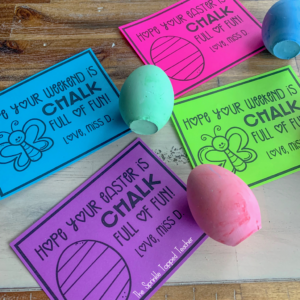 Spring and Easter can be such a fun time in the classroom! I love sending students home with this free Easter printable gift tag and egg shaped chalk. The free Easter printable always makes them giggle too! The Easter printable is also editable so that teachers can sign their own name!