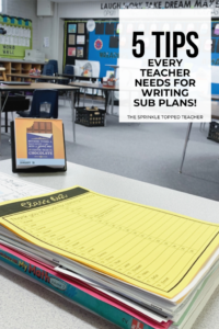 Teacher desk with sub plans on top