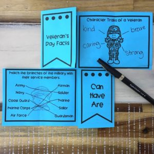 Example of easy veterans day activities: Blue page with flip flap activity