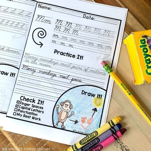 Cursive alphabet practice worksheet. Example of letter m with monkey