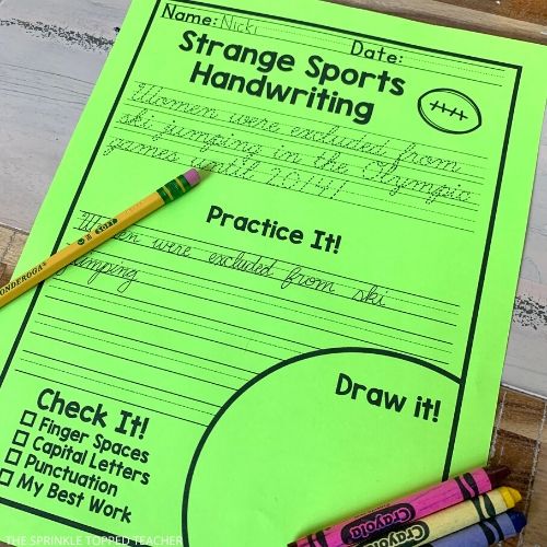 Handwriting worksheet practice page for cursive. Subject: strange sports.
