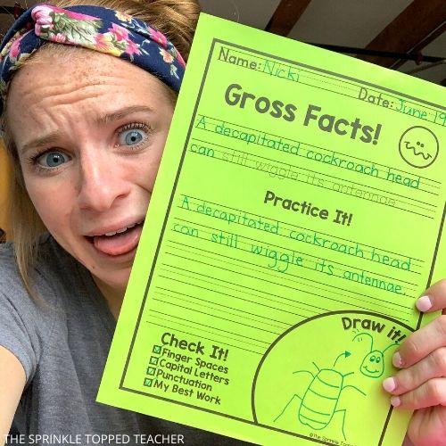 Girl holding gross fact silly handwriting worksheet for older kids