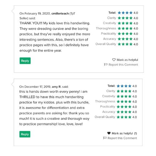 feedback from teachers about handwriting year long bundle
