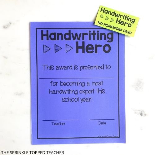 Handwriting hero award page with no homework pass