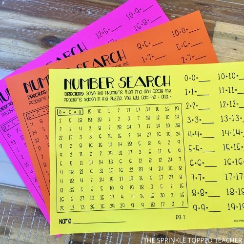Rainbow colored math fact worksheets for 2nd grade students