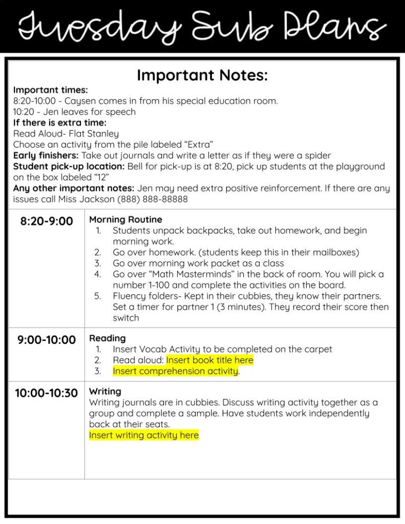 Example of Tuesday Sub Plans template with unfinished activities highlighted in yellow.