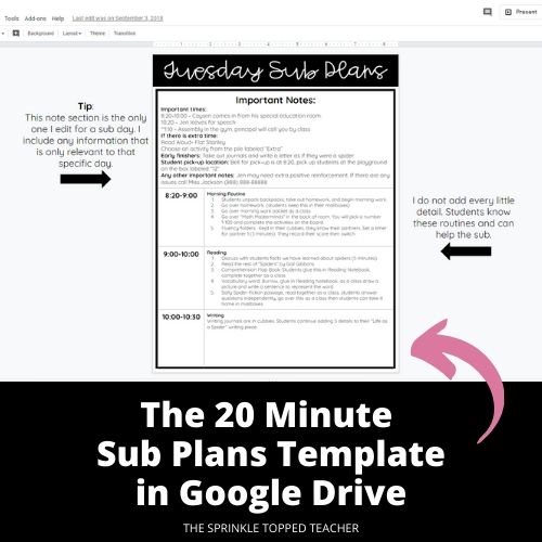 sample of 20 minute sub plans template in google drive