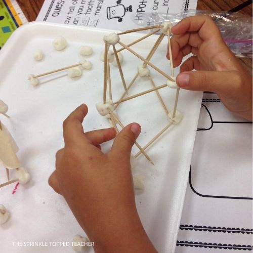 Student hands building a marshmallow tower with toothpicks during STEM activity