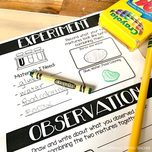 Slime experiment booklet with drawing of slime recipe materials