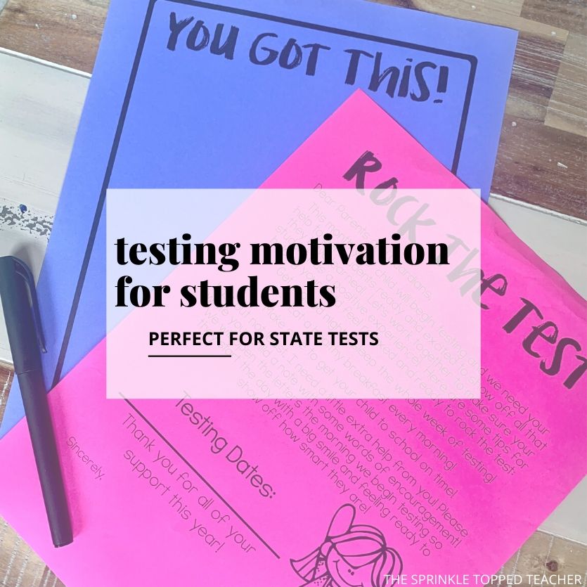 Text reads: testing motivation for students. Purple and pink paper with letter to parents and a black pen