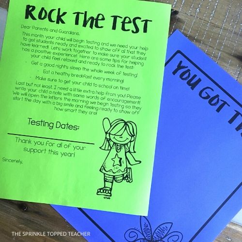 Green and purple paper with editable testing letter note to parents about how to motivate students standardized tests.
