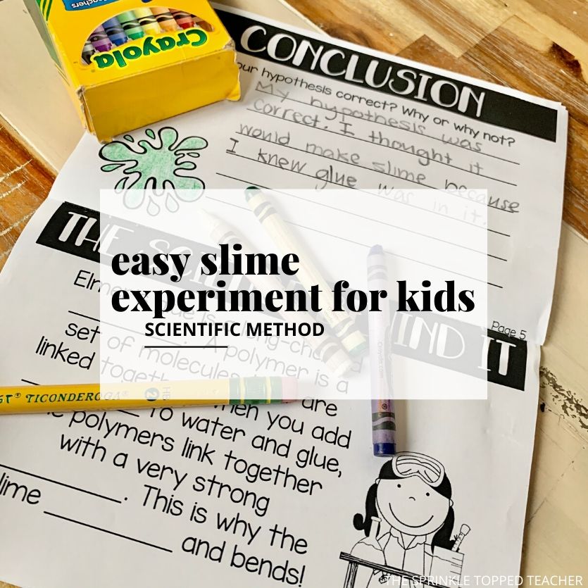 Text: Easy slime experiment for kids. Image of crayon box and slime experiment workbook