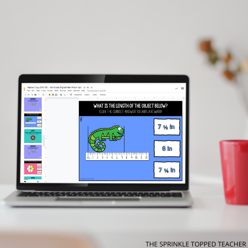 Computer screen with measuring activity for 2nd grade