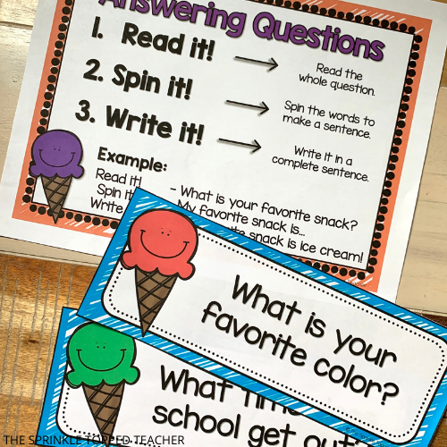 Answering questions in complete sentences activity with ice cream cones