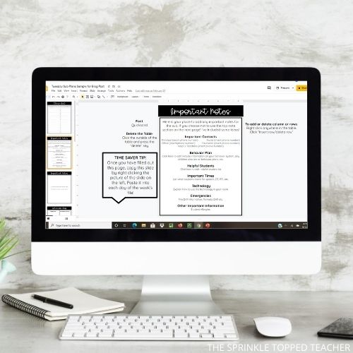 Computer screen with google drive file showing sub plans template