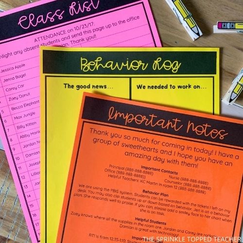 Substitute teacher plans template with important notes, behavior log, and class list