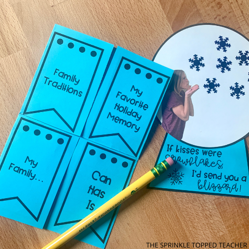 holiday gift idea for parents from students, image of student blowing snowflakes and DIY craft