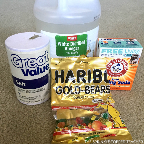 ingredients for gummy bear science project, gummy bears, salt, baking soda, vinegar