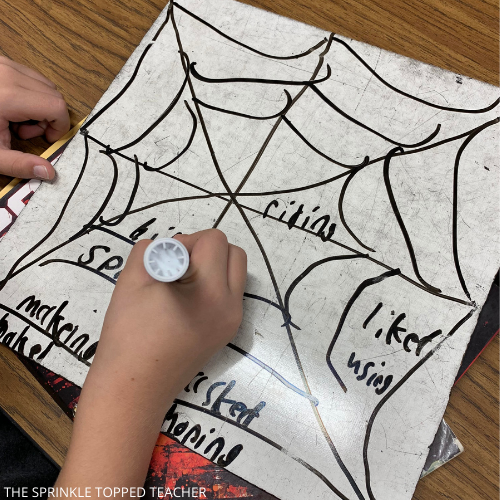 spider web spelling activity on white board with student hand writing