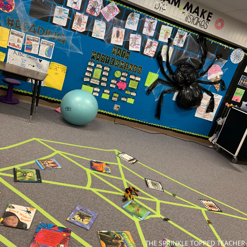 Spider Research for 2nd grade- books inside of a spider web with a large spider on the classroom wall