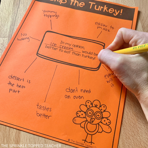 Thanksgiving writing activity with student writing why they should skip turkey for dinner