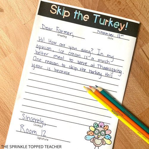 Thanksgiving opinion writing with letter format practice