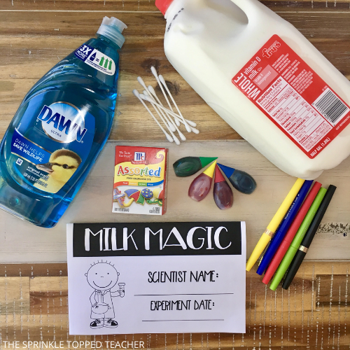 materials needed for the digital science experiment to make rainbow milk, dish soap, food coloring, q tips, and milk