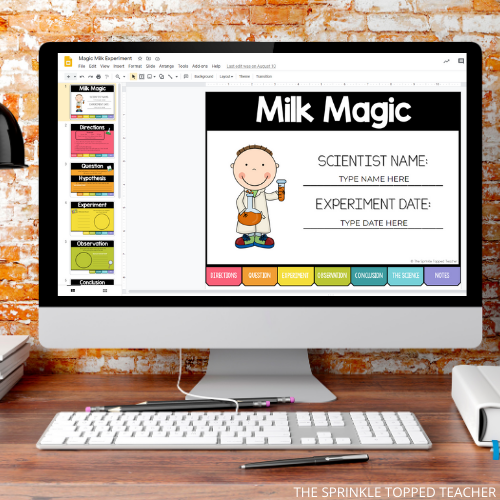 Rainbow milk experiment on computer screen, shows student work for the digital science experiment