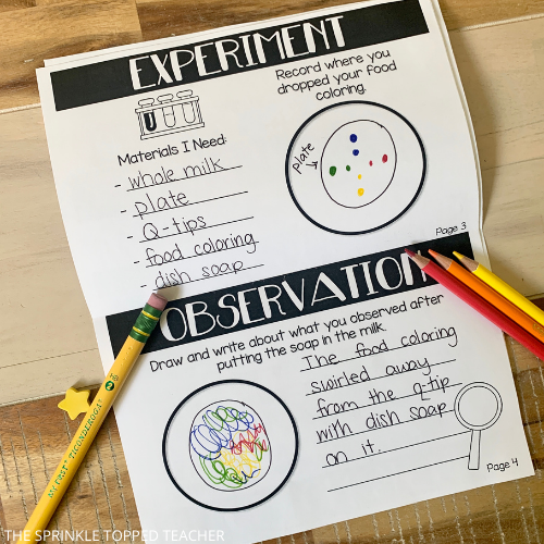 rainbow milk experiment workbook focusing on the scientific method