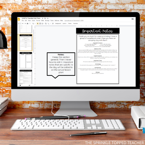 Computer with substitute teacher lesson plan template on google