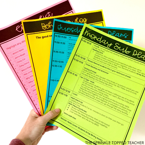 Image of substitute lesson plans template filled out being held by teacher's hand