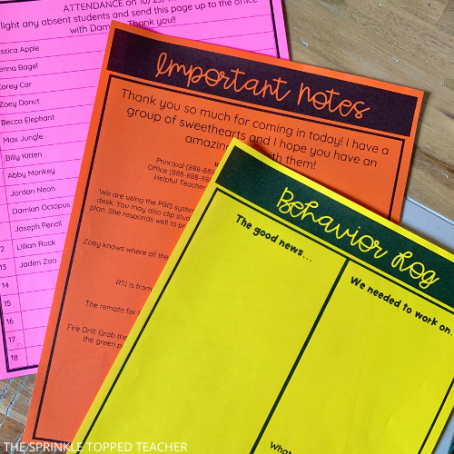 behavior log, important notes, and class list all included in the sub plan template