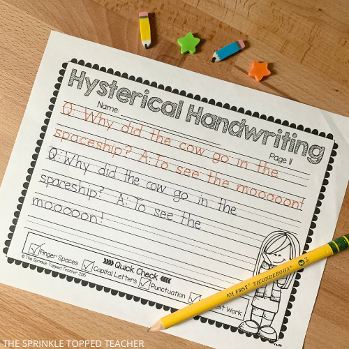 Student handwriting worksheet with pencil and erasers. Handwriting page is a joke