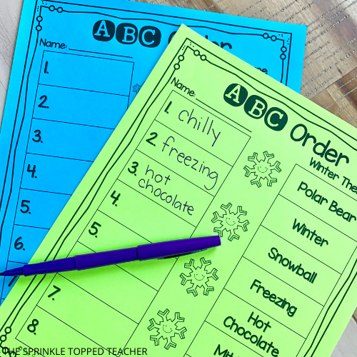 ABC order worksheet with winter theme