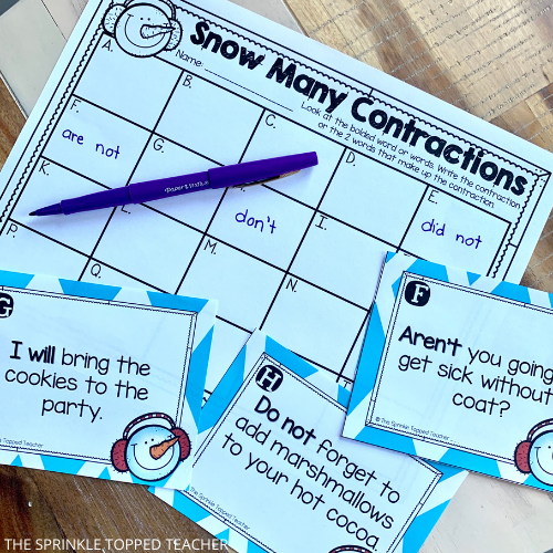 contractions scoot game for 2nd grade - winter theme