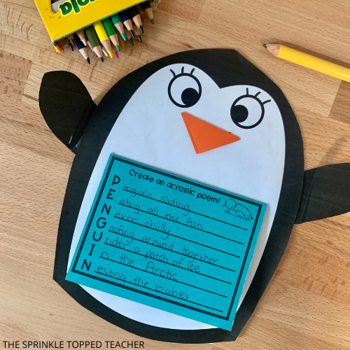 penguin craft and penguin poem completed as part of a Fun Facts About Penguins For Kids activity
