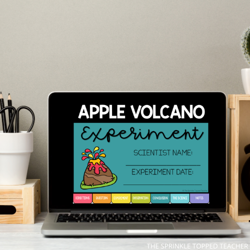 Computer screen with apple volcano experiment workbook page