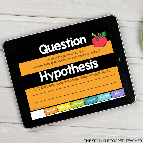 ipad with question and hypothesis part of a digital science lesson on apple volcanos