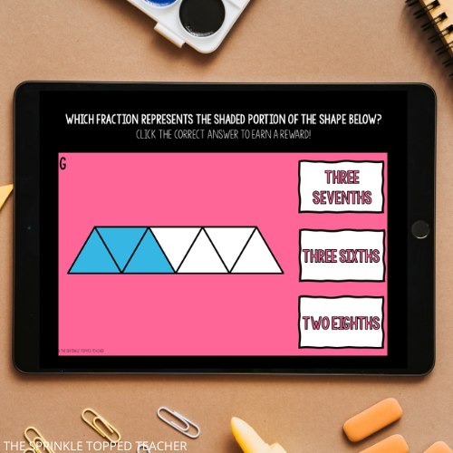 Fractions practice activity on a digital math warm up slide