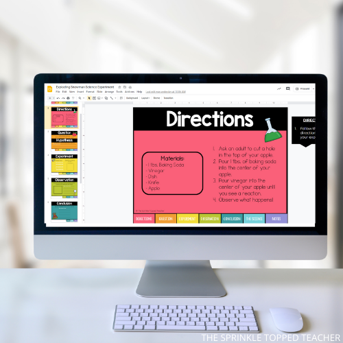 Computer with an editable digital notebook slide opened on Google slides, pink slide with directions for a science experiment