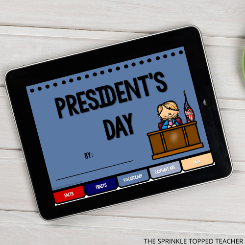 digital Presidents Day activity for student doing distance learning, ipad with tabs for different classroom activities