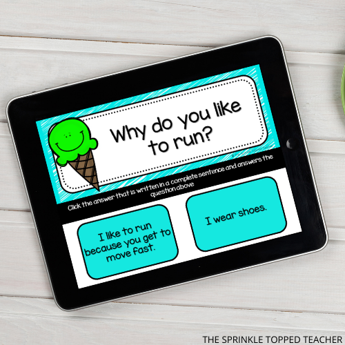 ipad with restating the question activity for distance learning, ice cream cone with "why do you like to run"