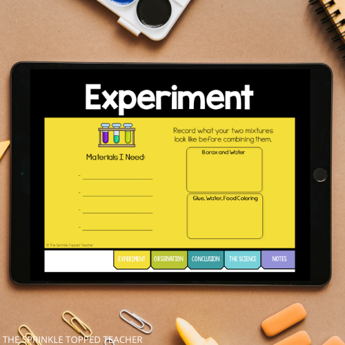 student experiment page on ipad surrounded by school supplies