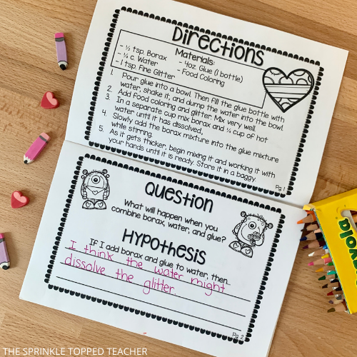 Valentine's day slime activity showing directions and question as part of scientific notebook
