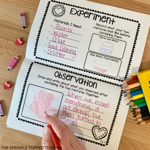 Experiment and observation scientific method notebook with hearts and pencils for a Valentine's Day slime lesson for kids