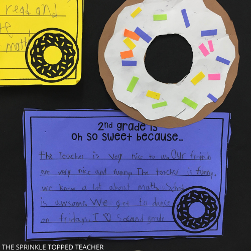 Student Valentine's Day writing activity hanging on a bulletin board