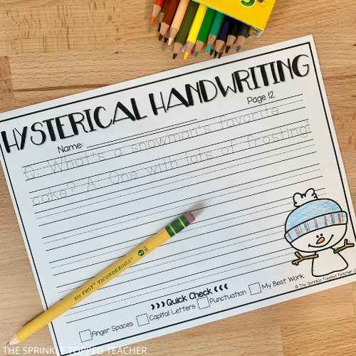 Winter handwriting Worksheet with snowman joke