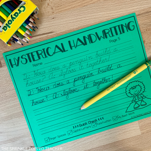 Cursive handwriting practice with a winter theme, green paper, yellow student pencil