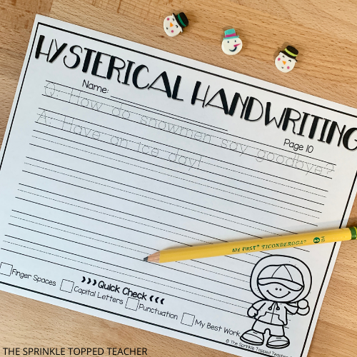 silly handwriting worksheet for older kids with snowmen and pencil
